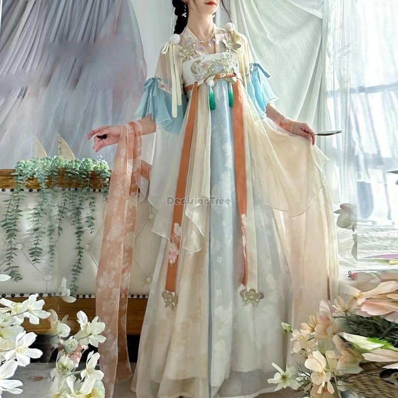 female tang chest length shirt top skirt Hanfu 3-piece set Chinese spring/summer embroidered printed ancient costume Hanfu set