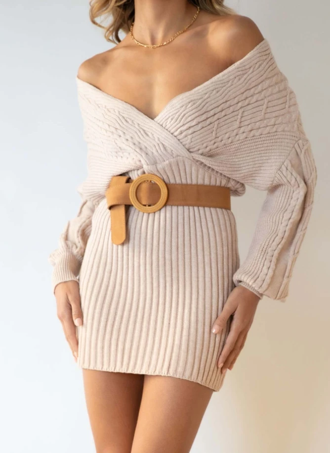 

New Women's Knitted Sweater Autumn Office Lady Lantern Sleeve Cross-Border Twists Hip Wrap High Waist Mini Bodycon Sweater Skirt