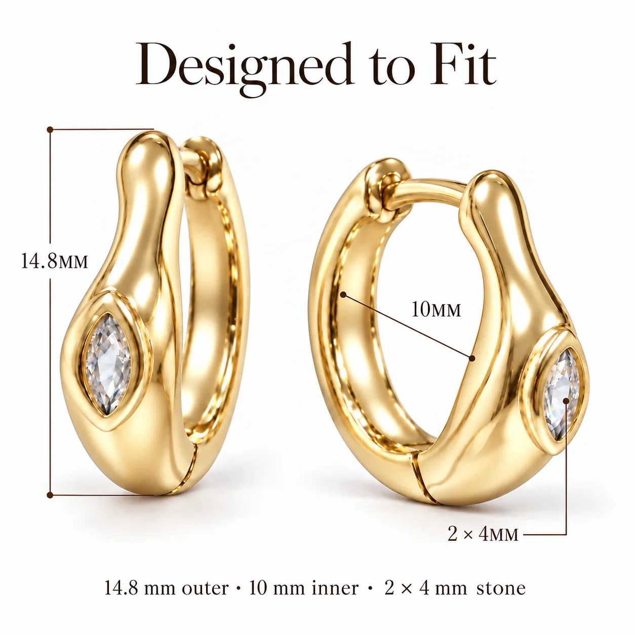 Moonmory Einzigartiges Design Lava-Creolen für Damen, 5A Marquise CZ Unregelmäßige Messing-Creolen, 14K Vergoldet, Großhandelsschmuck – Detail 8