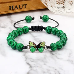 Adjustable Green Butterfly Bracelets&Bangles 8mm Natural Stone Malachite White Porcelain Handmade Fashion Jewelry For Women Men