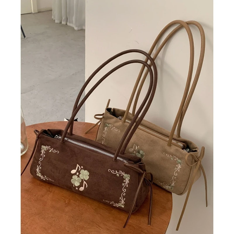 Mori Retro Literary Style  Armpit Bags Women's Pack Music Note Embroidery Versatile Commuter Package Portable One Shoulder Bag