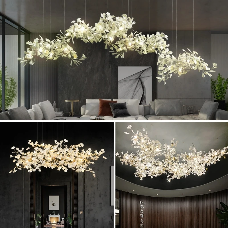 Nordic Ginkgo Leaf Loft Chandelier For Living Dining  Staircase Table Room Hotel Lobby Modern Luxury Crystal Branch Chandelier
