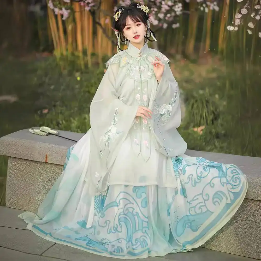 

Hanfu Women Chinese Style Ming Dynasty Cloud Shoulder Stand Collar Front Closure Long Dress Pleated Skirt Ancient Costume