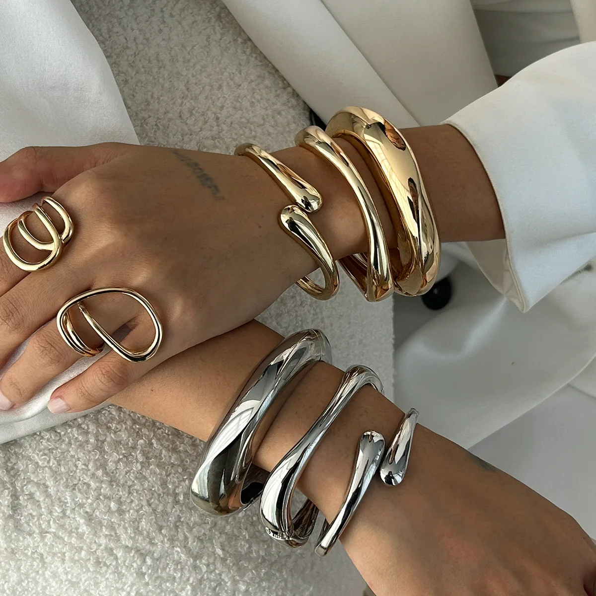 Exaggerated Chunky Gold Silver Color Metal Open Cuff Bangles for Women Punk Goth Irregular Wide Arm Bracelets Jewelry Steampunk