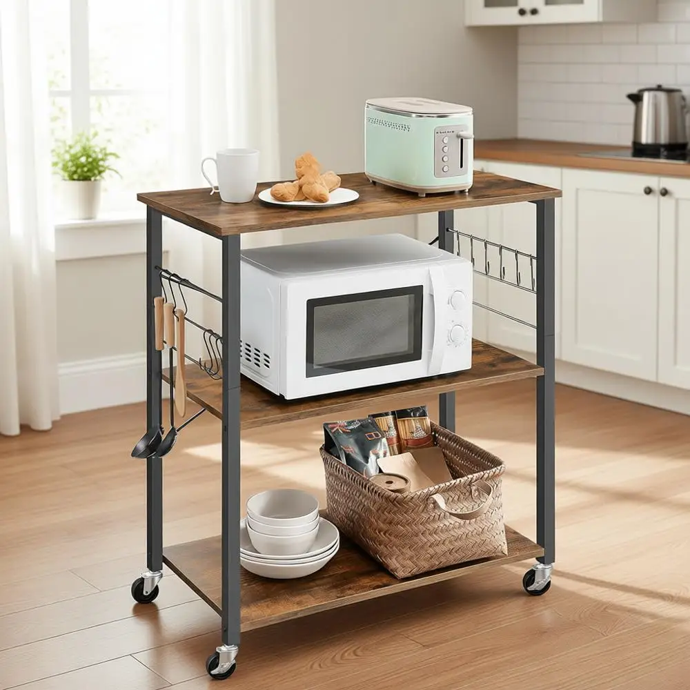 

31.5 Inch 3-Shelf Serving Cart, Kitchen Utility Cart with Hooks, Rustic Brown and Black Industrial Style