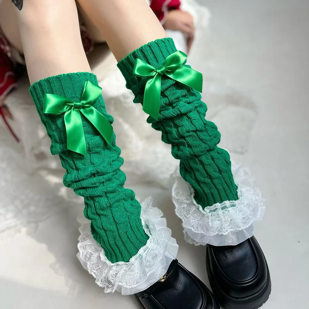 Harajuku Women Bowknot Foot Cover Fluffy Lace Ruffle Leg Warmers Knitted Warm Lolita Long Socks Autumn Winter Crochet Boot Cuffs