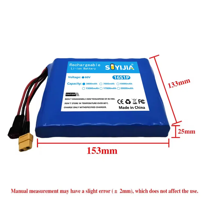 16S1P 60V 3.0Ah Battery Pack 18650 Lithium with BMS for Self-balancing Scooter Electric Unicycle 3000mAh Rechargeable Battery