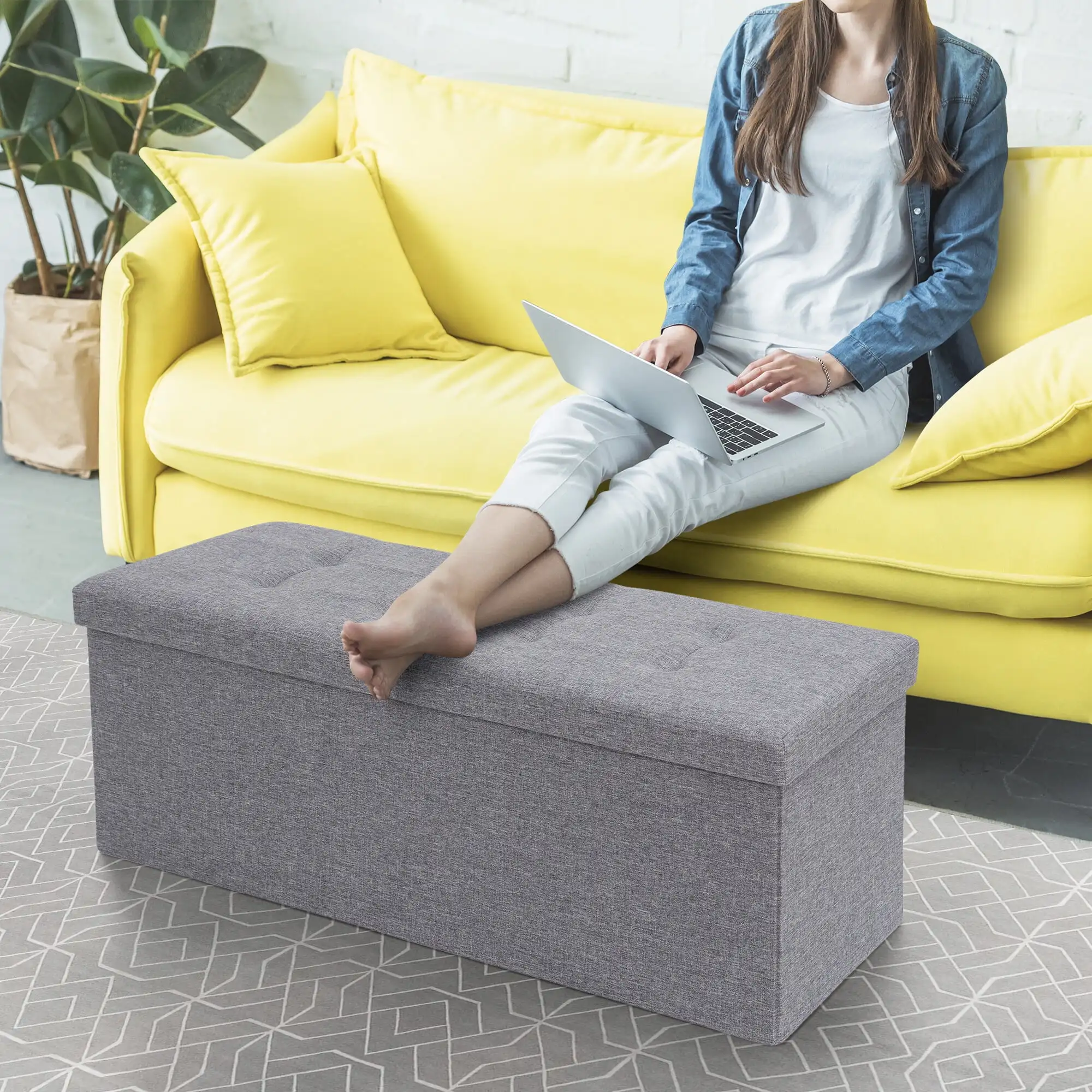 

43-inch Folding Storage Ottoman Bench Linen Footrest Padded Seat, Gray