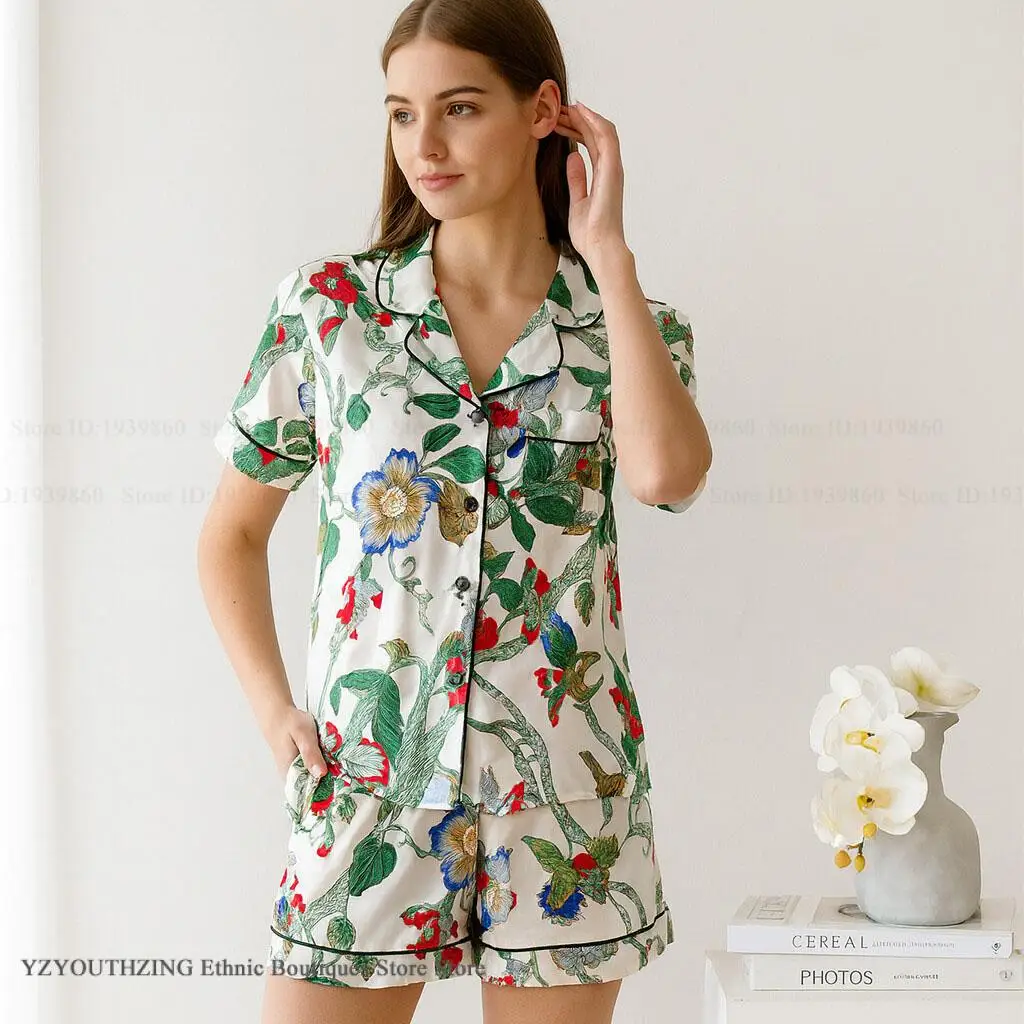 

Silky Satin Women Sleepwear 2Pcs Pajamas Set Print Flower Intimate Lingerie Pijamas Suit Spring Summer New Nightwear Loungewear