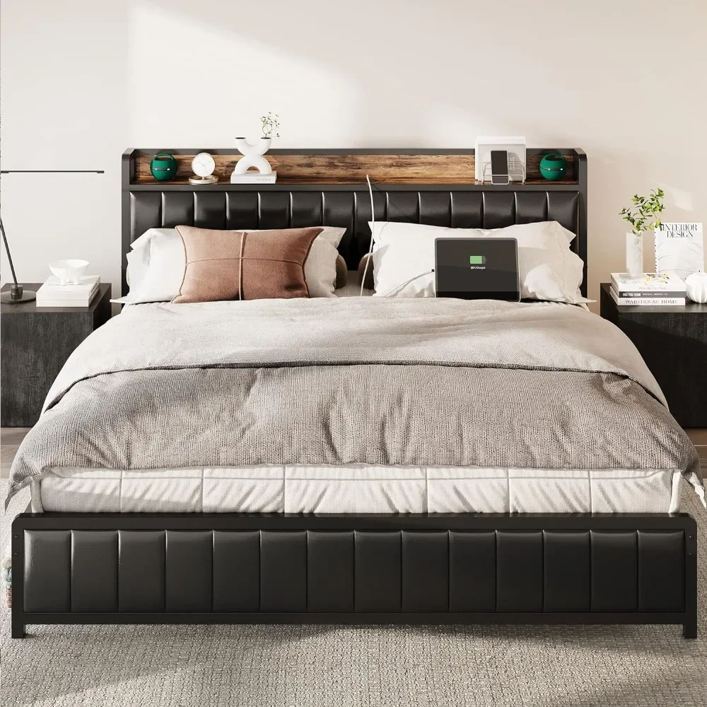 Bed Frame with Storage Headboard and Footboard, Upholstered Platform Bed with USB Port and Socket, No Box Spring Required