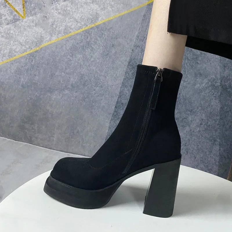รองเท้าบูทส้นสูงหนังแท้สำหรับผู้หญิง รุ่นใหม่สำหรับฤดูหนาว สไตล์เกาหลี กันน้ำ พื้นหนา