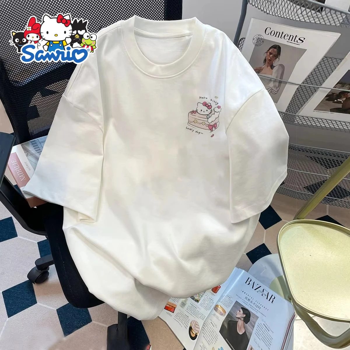 Hello Kitty, милая футболка с мультяшным принтом Sanrio, новая летняя женская хлопковая футболка больших размеров, свободный повседневный модный топ с короткими рукавами