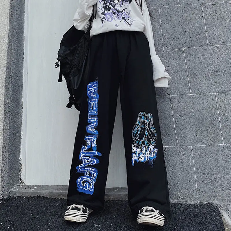 Streetwear Fashion Women Oversized Pants Hip Hop Vintage Anime Print Spring Autumn New Casual High Waist Loose Wide Leg Trousers