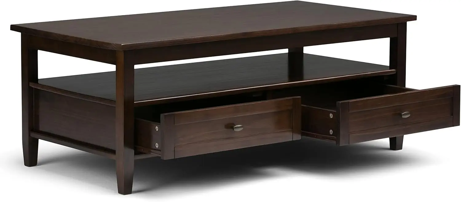 Warm Shaker SOLID WOOD 48 inch Wide Rectangle Rustic Coffee Table in Tobacco Brown, for the Living Room and Family Room