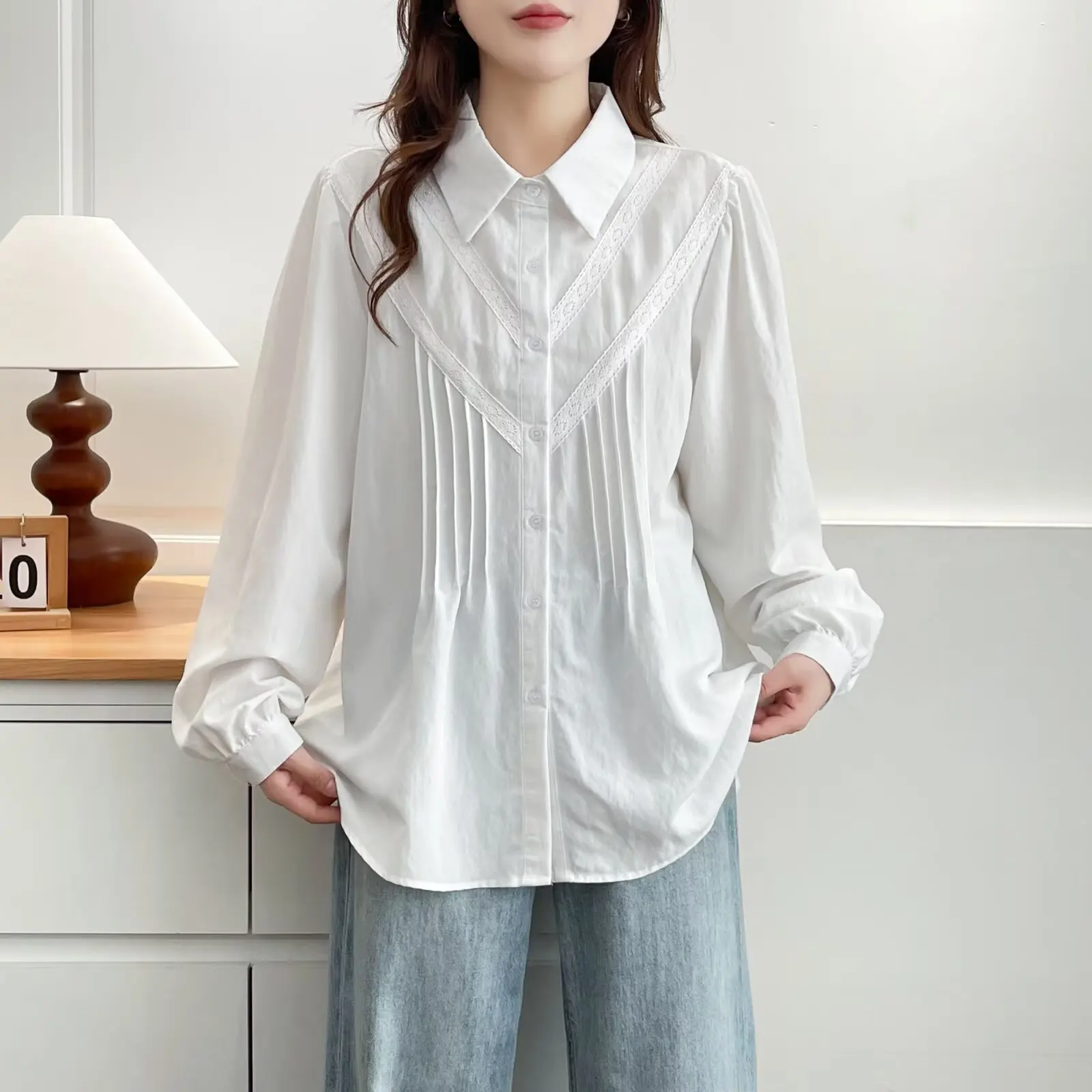 XXXXL بلوزات نسائية مقاس كبير للخريف نمط جديد بسيط من الدانتيل قميص بأكمام طويلة 8093