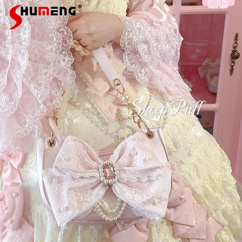 

Original Sweet Girl's Big Bow Handbag Princess Style Elegant Fashion Versatile Lo Shoulder Bag Women's Pearl Chain Crossbody Bag