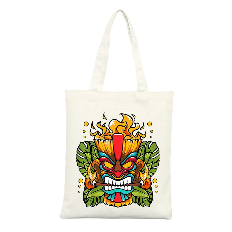 Tribal Mask Graphic Canvas Tote Bag, Tropical Style for Summer Outings and Casual Shopping