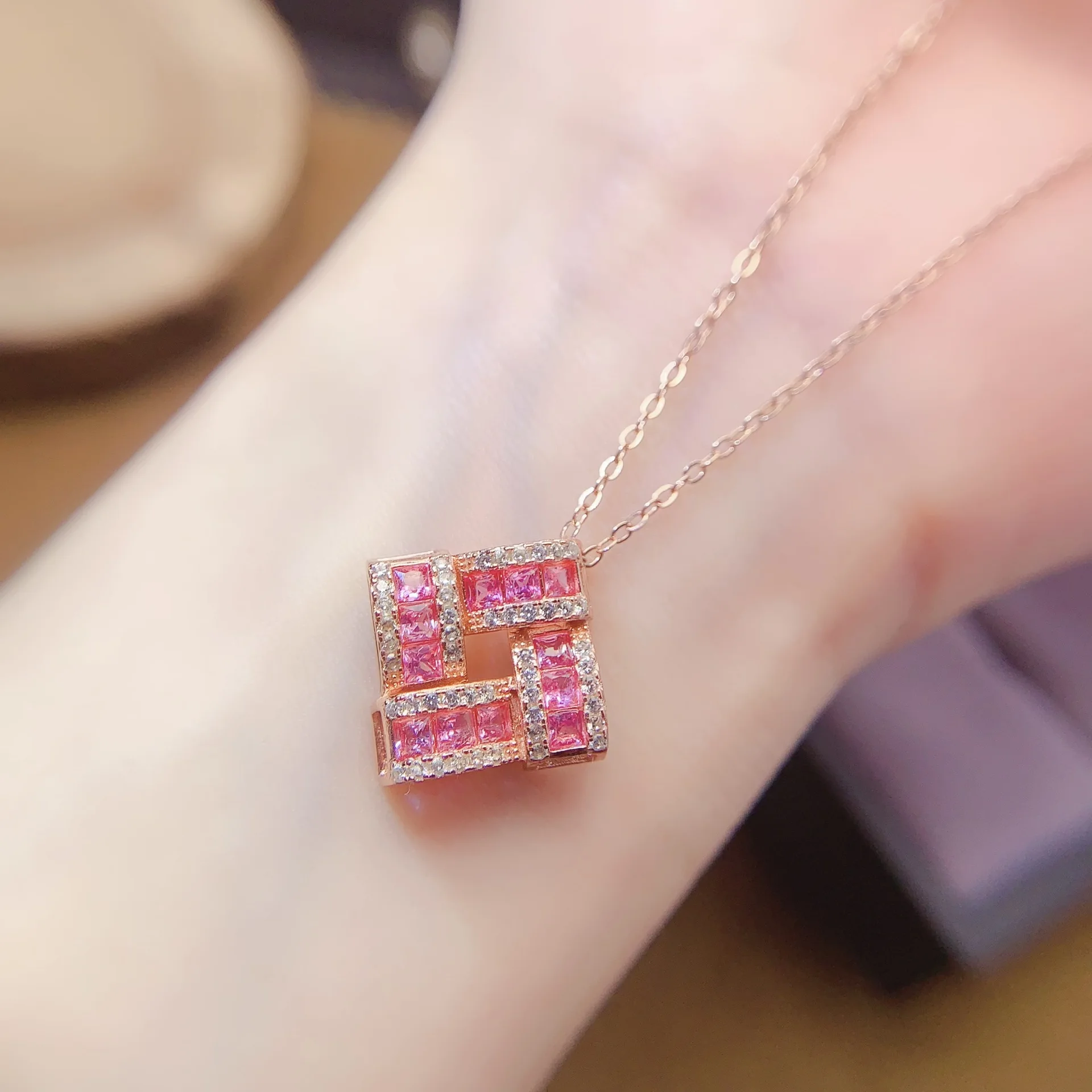 Natural Pink Sapphire Pendant Necklace 2x2mm Rose Gold Plated, S925 Silver Versatile Elegant
