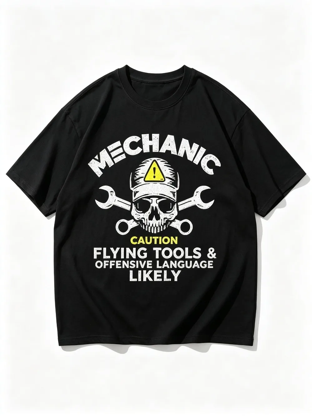 2026 New Mechanic Caution Flying Tools Graphic Short Sleeve T‑Shirt, Skull Cross Wrench Warning Sign Print Unisex Casual Tops
