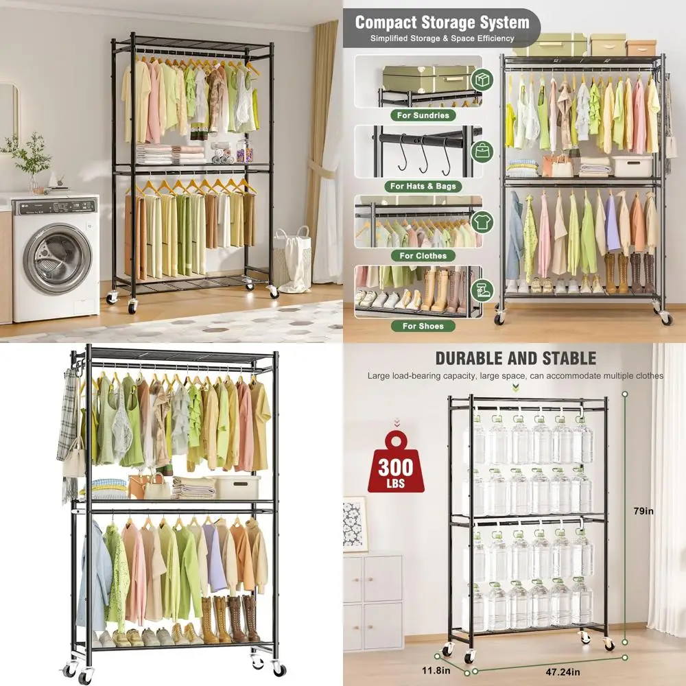 

Double Rod Portable Garment Rack - 47.2x11.8x79 with 3 Shelves, Ideal for Bedroom, Laundry, Balcony (Black)