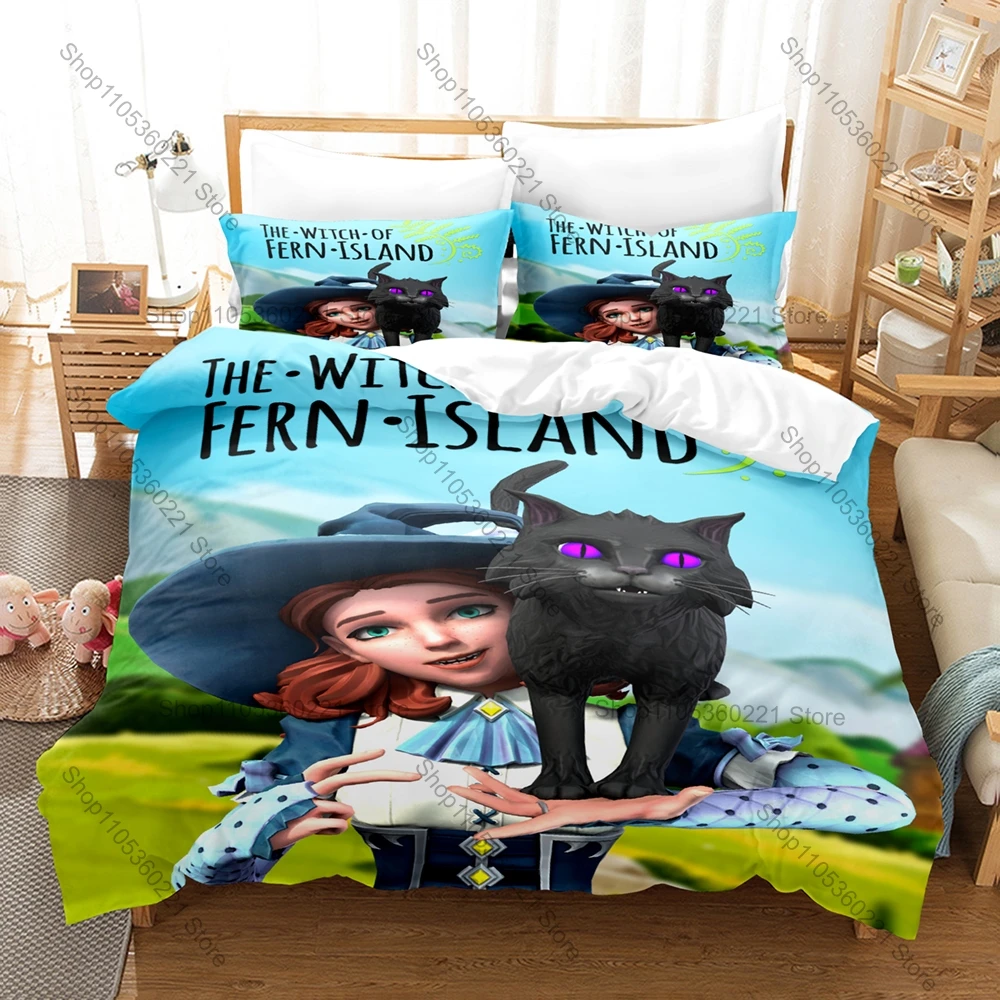 Cool Fantasy Game The Witch of Fern Island 3 Pieces Cotton Bedding Set Printed Duvet Cover With Two Pillowcases Gamer Home Bedcl