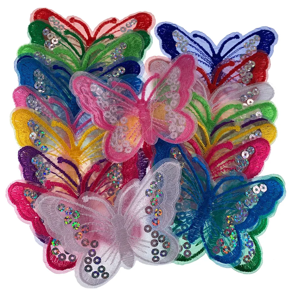 10Pcs Mixing Sequins Patch Embroidered Butterfly Iron On Patches For Clothing Badge Sticker Apparel Accessories 9 x 6.5cm