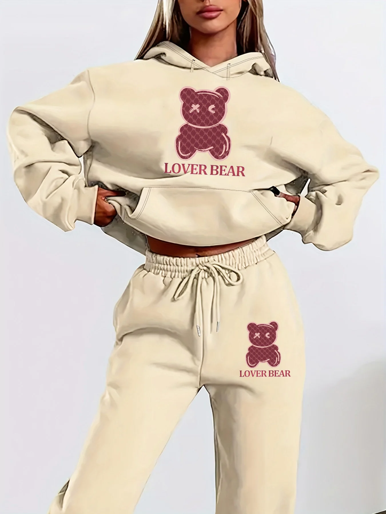 Feminino outono e inverno moda casual solto hip hop rua dos desenhos animados urso padrão impresso quente hoodie + calças esportivas conjunto