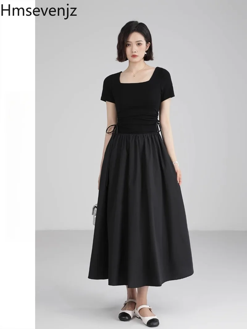 

Hmsevenjz Elegant Square Collar Slim Fit Dress Women's Summer Black Patchwork Long Dress Fashion Female Clothes