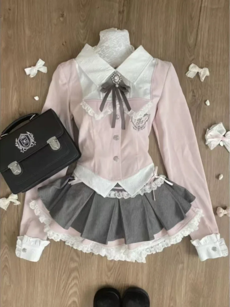 Gothic Y2k Vintage Preppy Style 2 Piece Set Women Sweet Bow Knitted Cardigan Ruffles Plaid Mini Skirt Fashion Lolita Outfits New