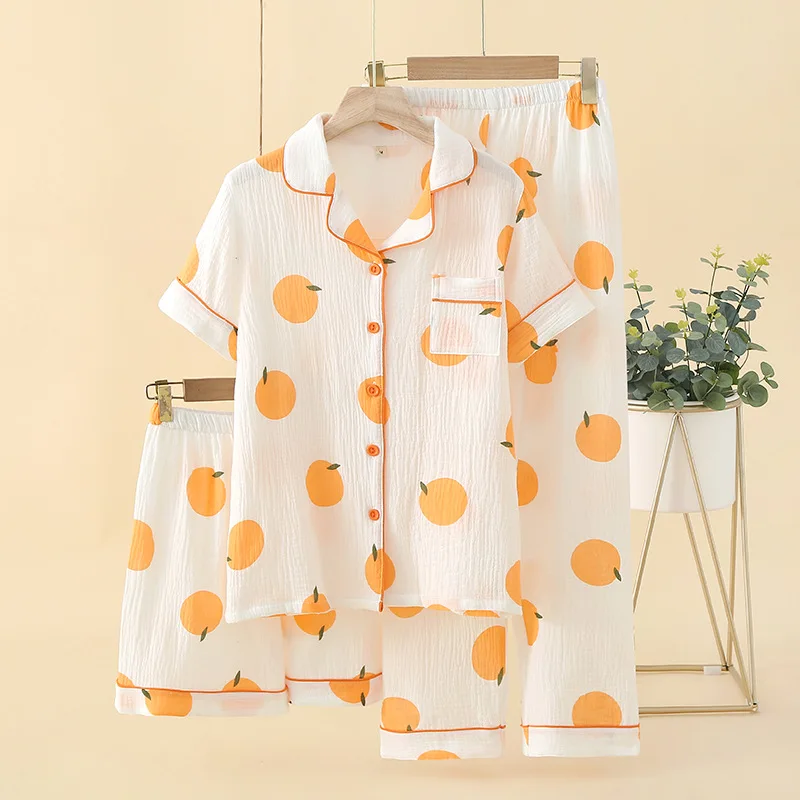 

Ladies Pure Cotton Gauze Summer Thin Short Sleeve Shorts Nightgown Spring Autumn Home Clothes Three-Piece Set