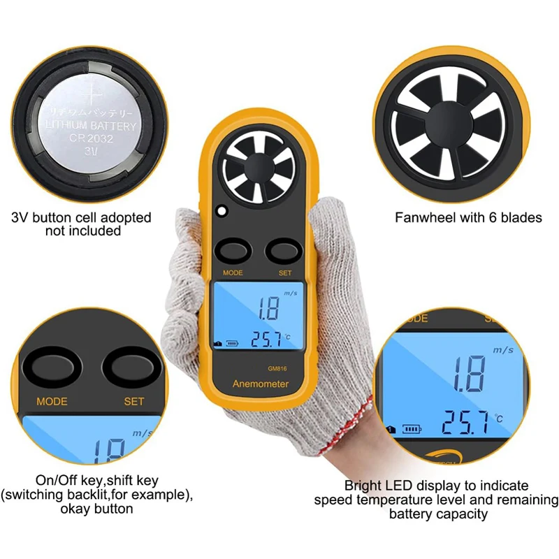 Portable Anemometer Thermometer Wind Speed Gauge Meter Anemometro Windmeter 30m/s LCD Digital Hand-held Measure Tool GM816