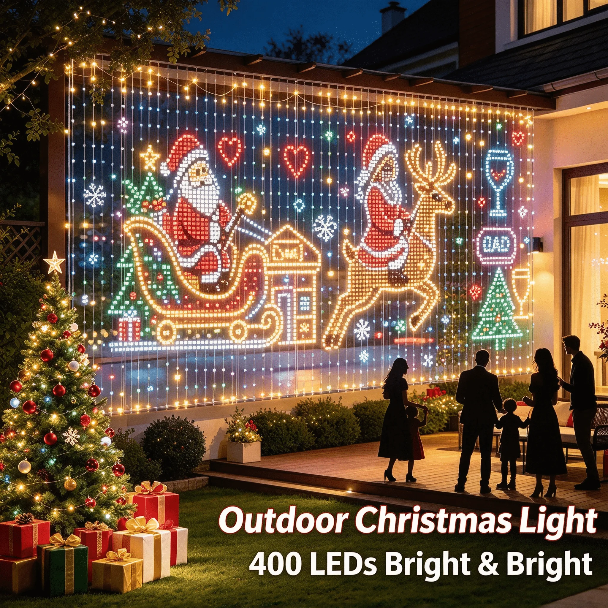 400個のledを使用した、スマートなフェアリーカーテン型ledストリングライト。bluetoothアプリで制御可能。クリスマス、結婚式、パーティーの装飾や、diyの写真展示に最適。