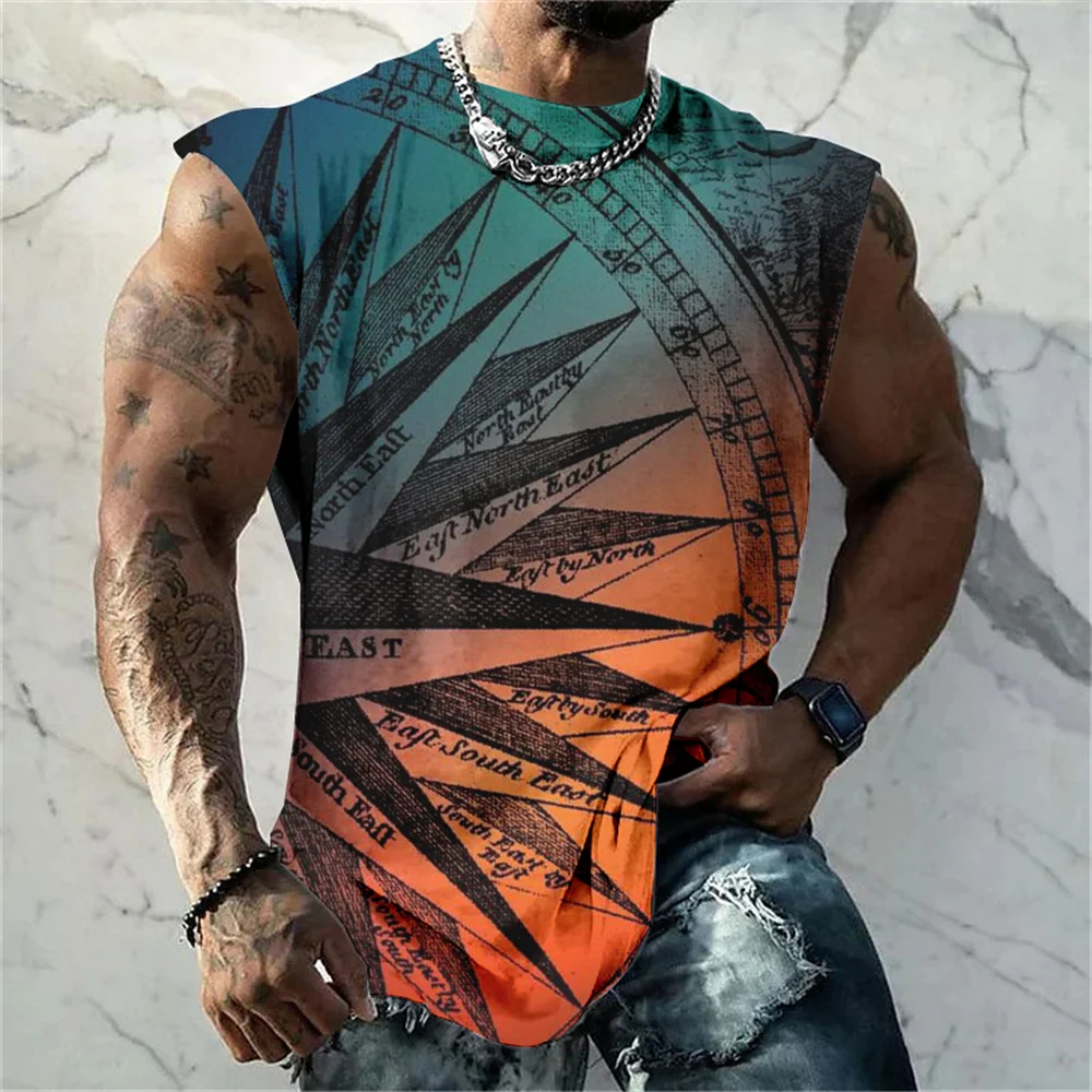 Sports Vest Gradient Color Turntable print Men's loose summer fashion Fitness Sleeveless shirt Men's crew neck vintage T-shirt