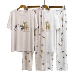 Japanese Kawaii Cartoon Dog Printed Sleepwear O-neck Short Sleeve Tops+loose Trousers Summer Comfortable Homewear Suit Pijama