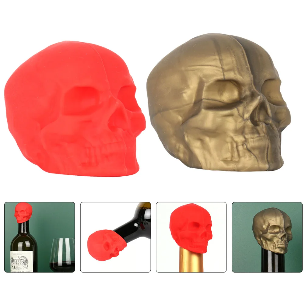 

2pcs Halloween Skull Stopper Red Golden Silicone Plug Leakproof Wine Bottle Sealer For Wine Preservation Beverage