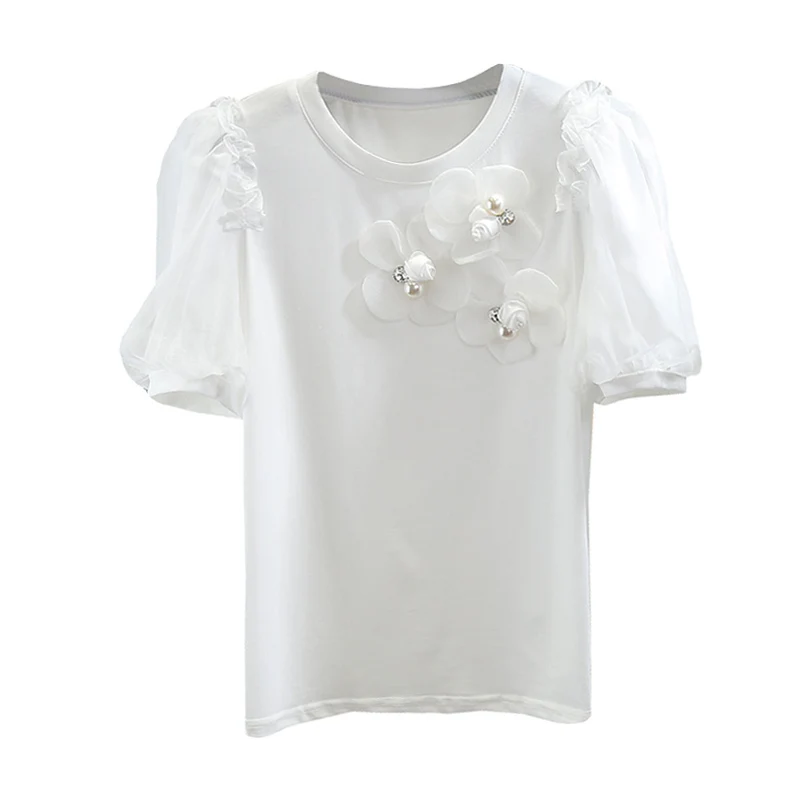 Chic Diamond Lace Three-dimensional Flower Decoration Tops Women 2022 Short Puff Sleeve T-shirt Woman Solid Color Tee