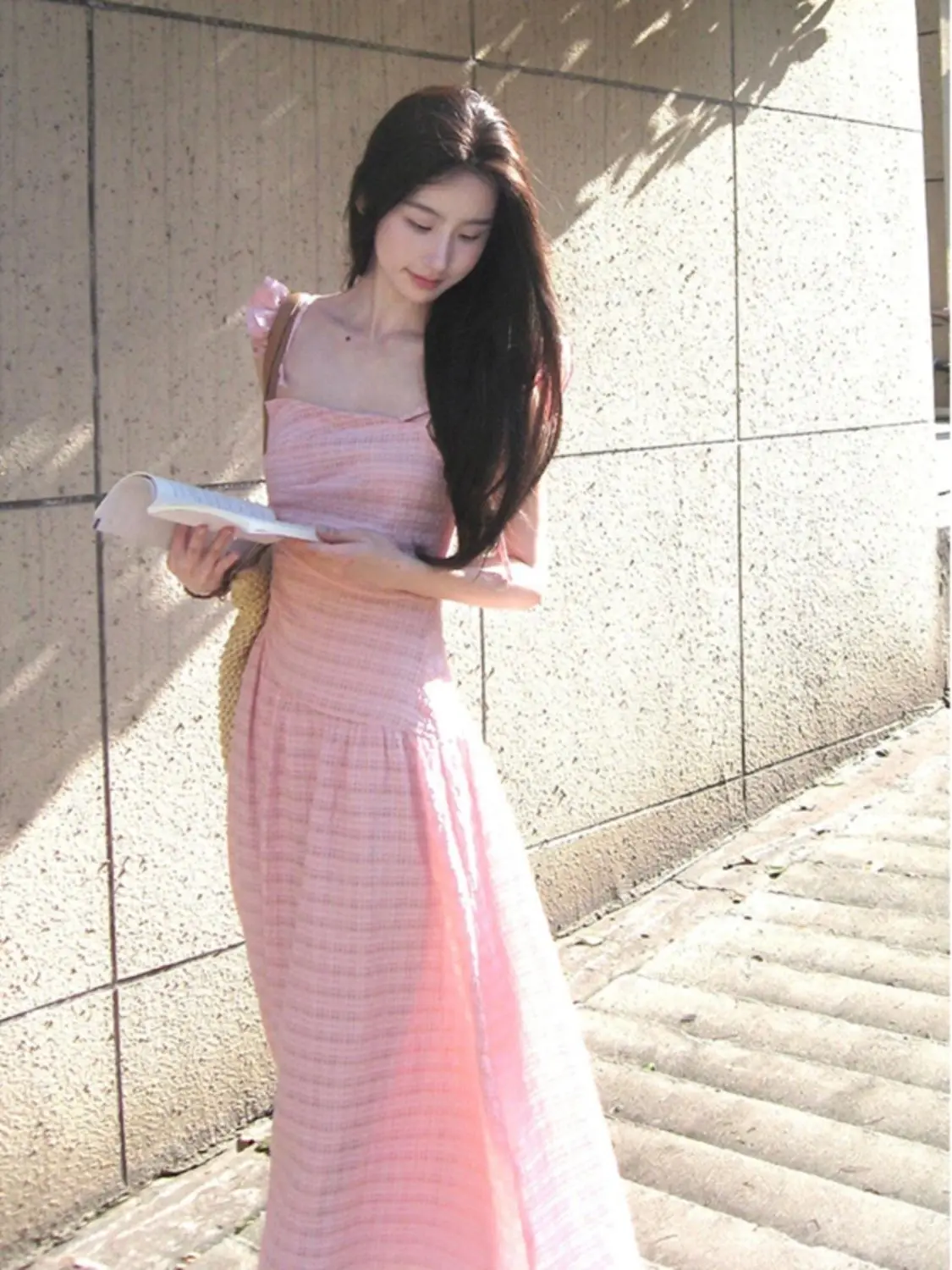 Japan Sweet Pink Ruffle Sleeve Long Dresses Women Summer New Cotton Folds Texture Preppy Style Maxi Dress Cute Casual Vestidos