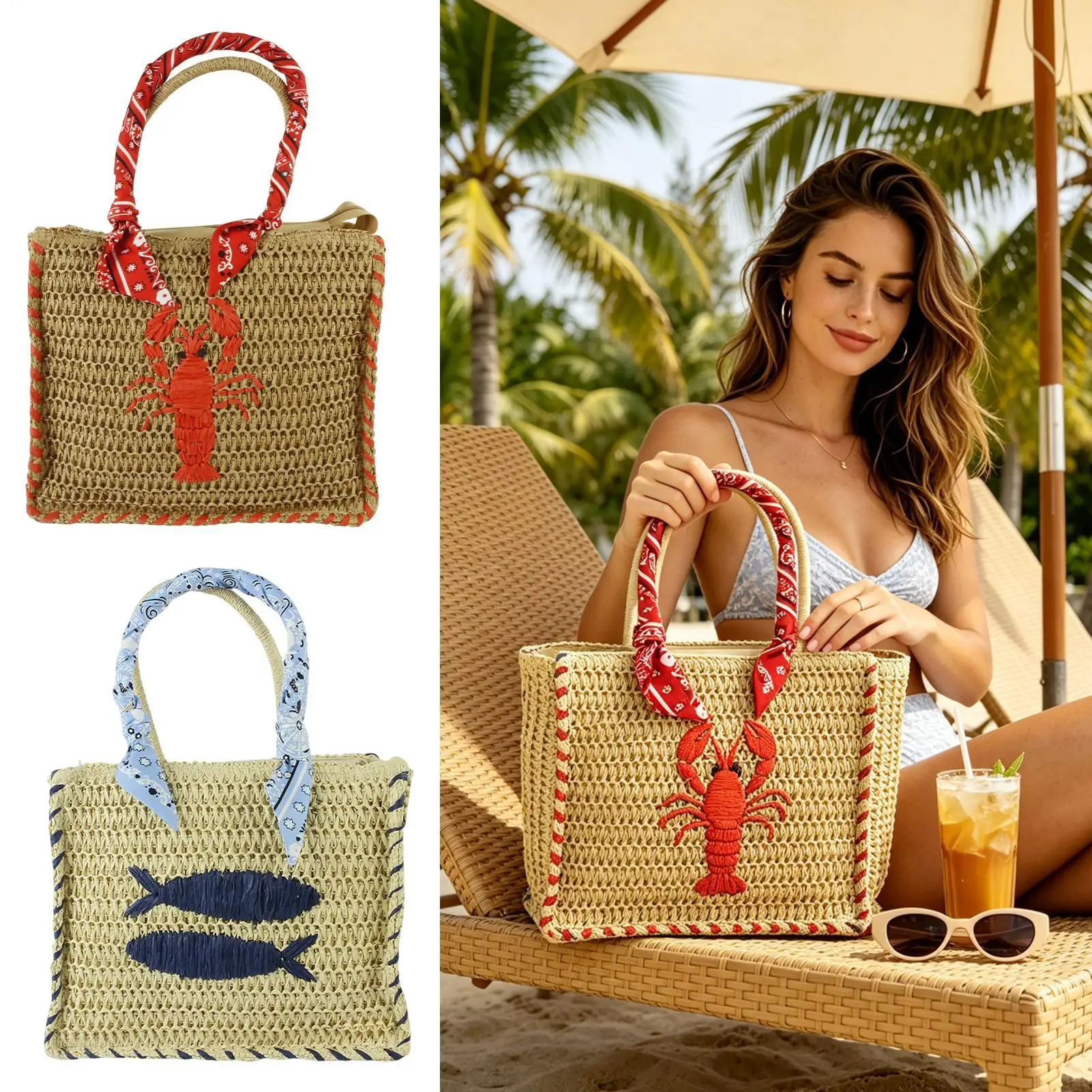 Straw Bag Hand Woven Bohemian Lobster Embroidery Purse Straw Beach Tote Bag for Women Teens Girls Outdoor Beach Vacations