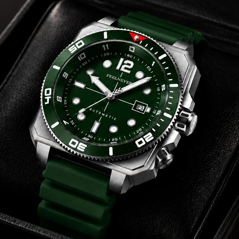 FEELNEVER Outdoor Sports Diver Watch Men Green Silicone Automatic Watch for Men Sapphire Waterproof Men's Mechanical Wristwatch
