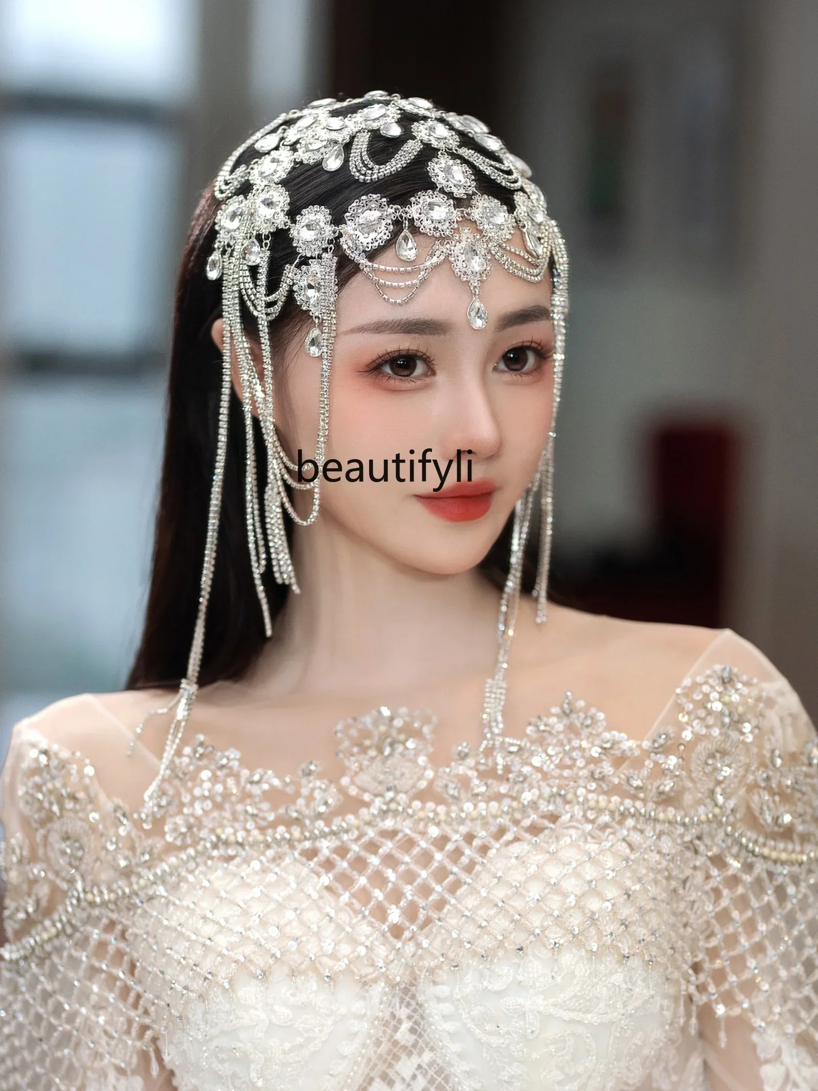 

Bride Wedding Dress Forehead Diamond Hair Accessories Atmospheric Exotic Rhinestone Tassel Hair Accessories