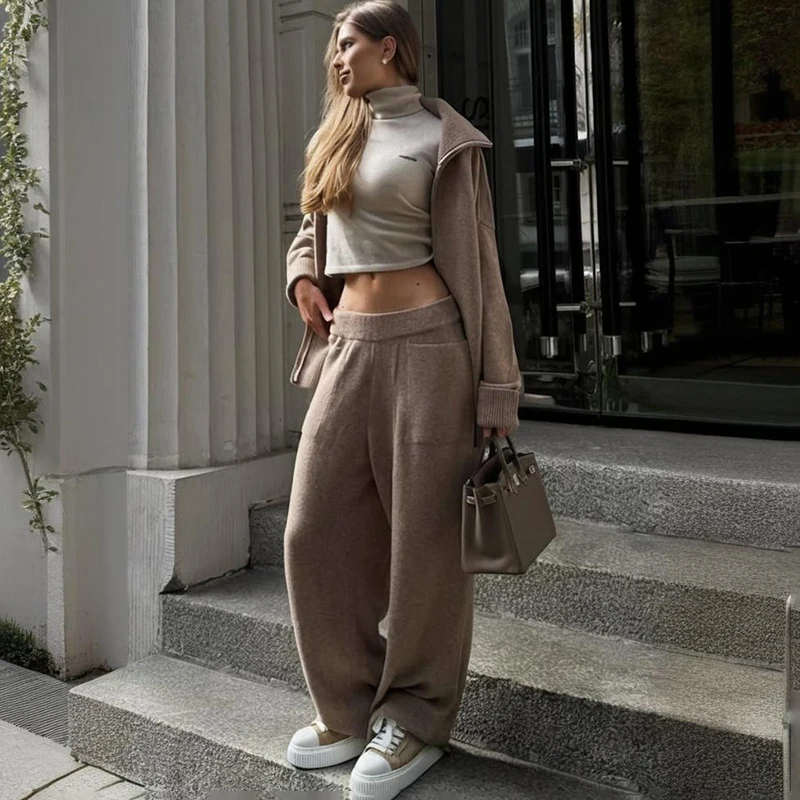 

Tornova Women's Knitted Cardigan Long Pants 2 Piece Set Casual Zipper Sweater Top Loose Wide Leg Pants Autumn Lady Fashion Suit