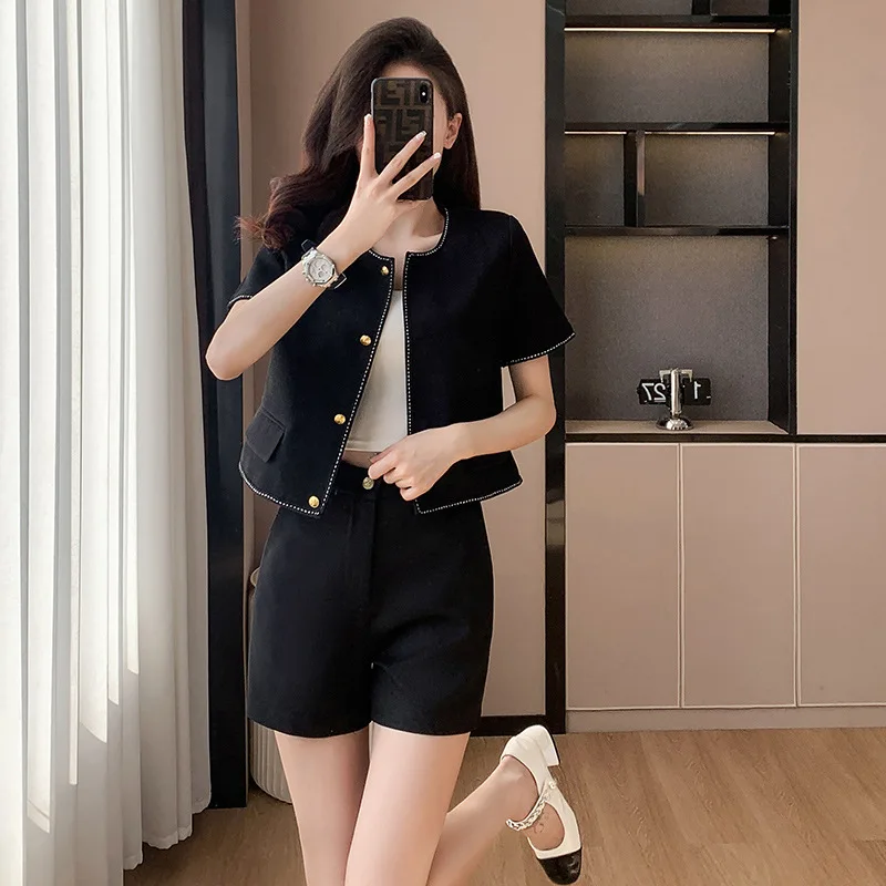 

Chic-Style Short Sleeve Suit Women's Summer2024New Elegant Socialite Short Coat High Waist Shorts Two-Piece Set