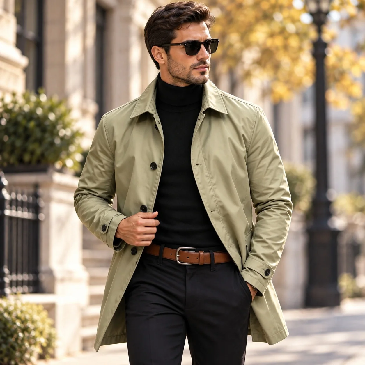 Not Hooded Belt Casual Regular Length Commuter Style with Multiple Pockets Winter Notched Lapel No Waist Belt Spring Men Jacket