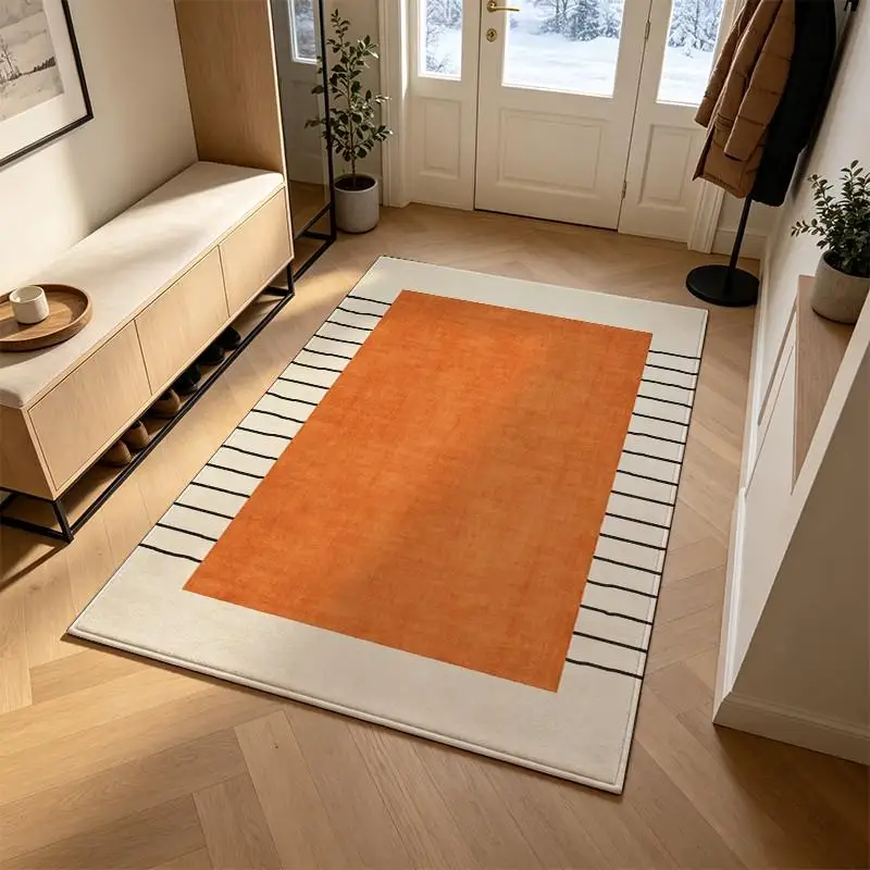 Minimalist Orange Square Geometric Carpet Flooring, Simple Black Vertical Line Area Rug Non‑Slip Floor Mat for Entryway Dorm Home Decoration