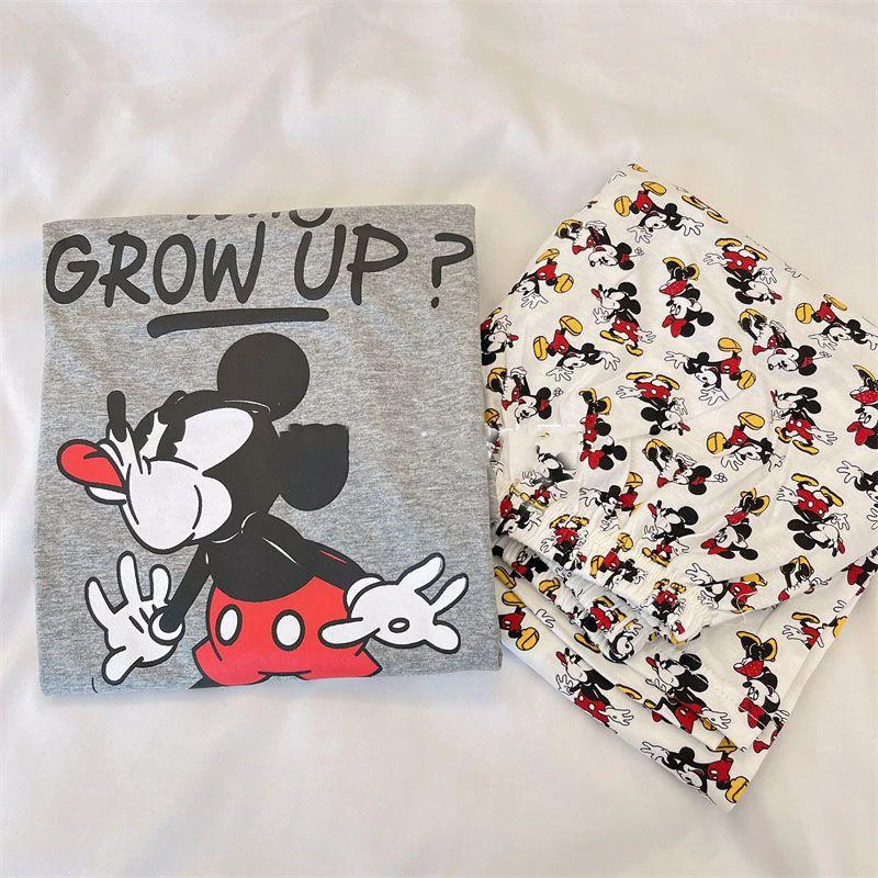 Kawaii Mickey Mouse Chip Cartoon Pajamas Women's Summer Short-Sleeved Long Pants Suit Couples Printed Outside Casual Home Wear