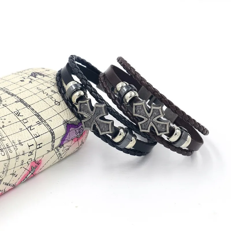 Vintage Multi-layer Leather Woven Cross Bracelet Charming Men\'s Bracelet New Fashion Hip-hop Punk Accessories Jewelry Wholesale