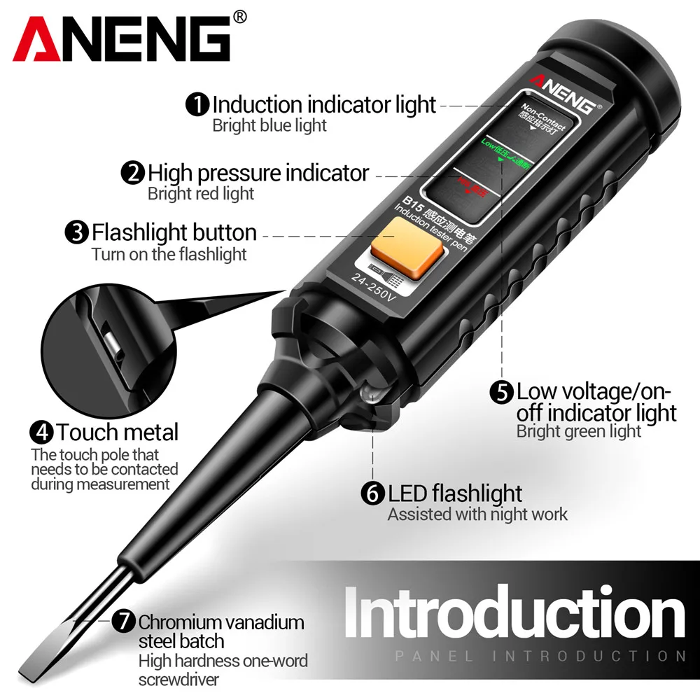 ANENG B15 Inductie Teste Pen Hoogtepunt Kleur Licht Professionele AC-spanningsdetectie Elektricien Schroevendraaier Testgereedschap