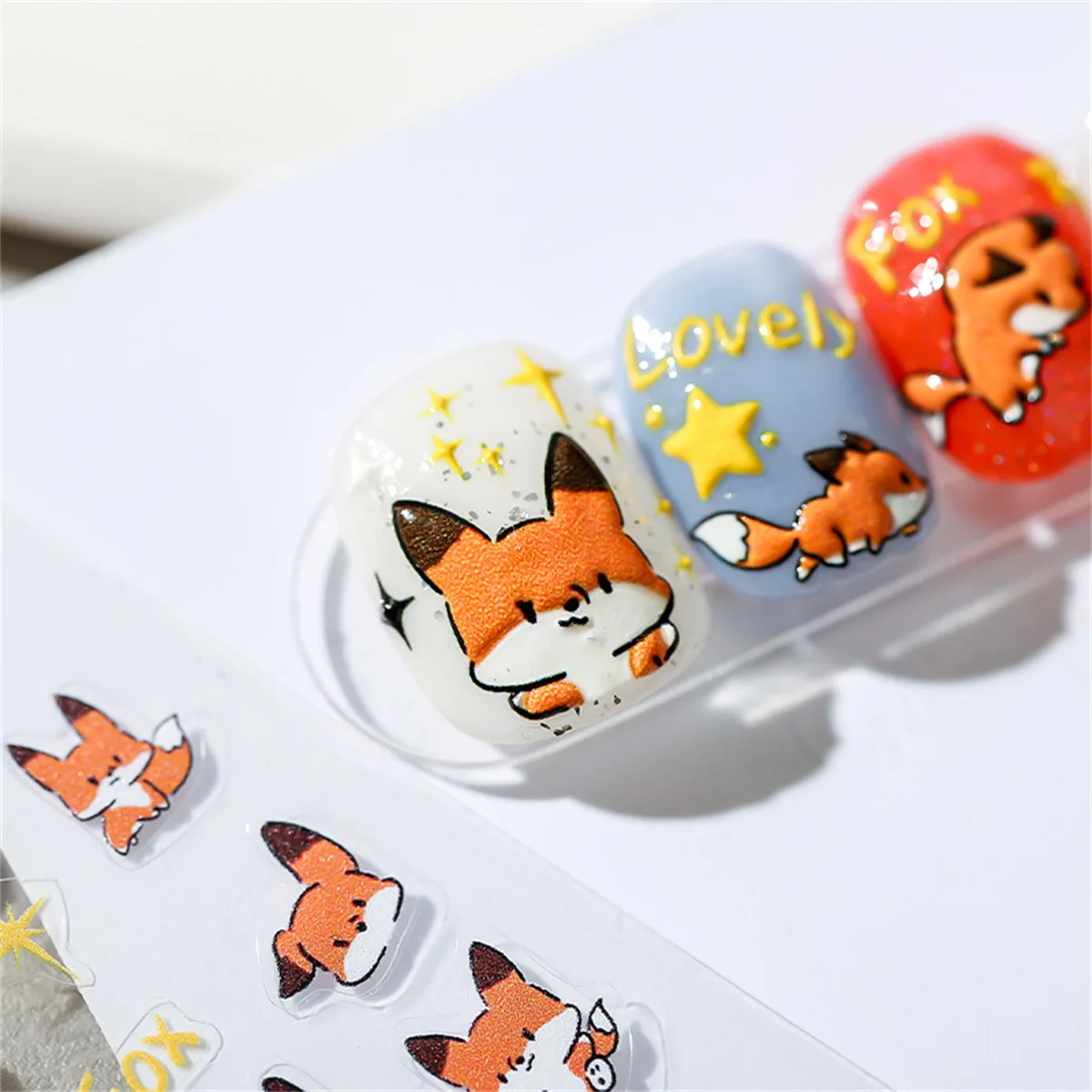 1pcs 5D Kawaii Relief Cartoon Fox Nail Art Stickers Kawaii Star Animals Acrylic Backglue Nail Decorations Decals Accessories DIY