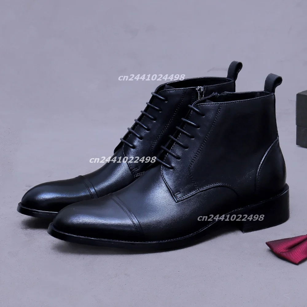 Vintage Cap Toe Lace up Side Zipper Men Ankle Boots Pointed Toe Low Block Heel Rear Pull Tab Comfort Thick Sole Business Shoes