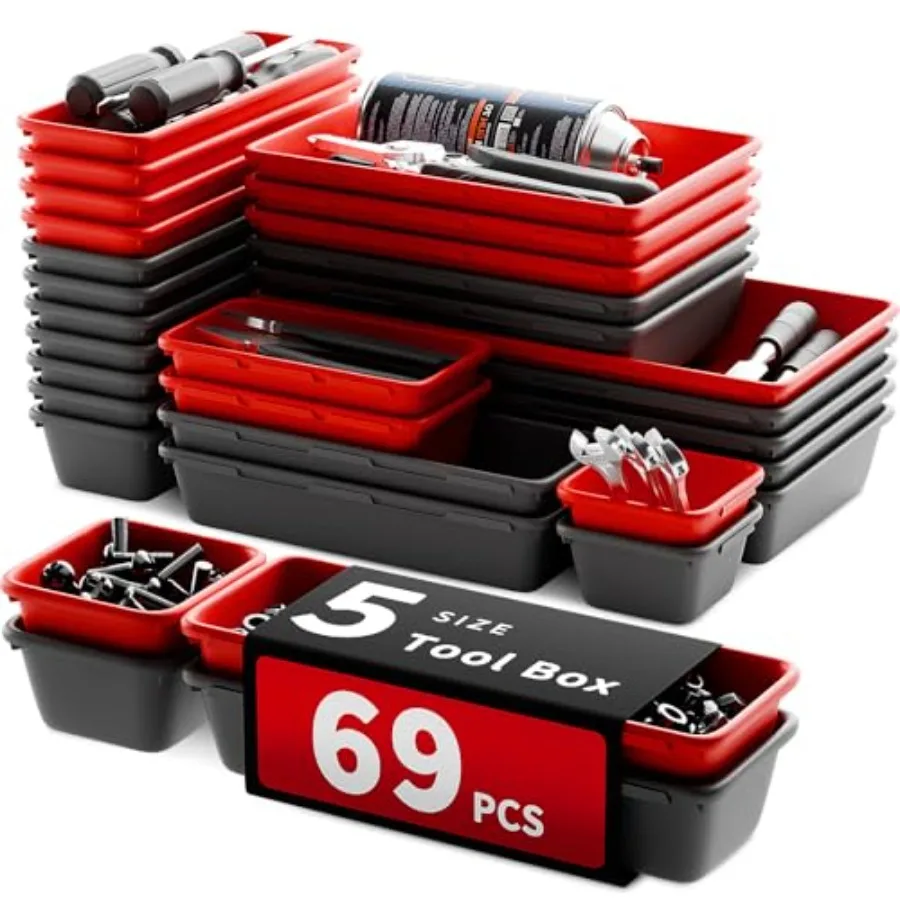 

5 Sizes] [69 PCS] Tool Drawer Organizer, Desk Tray, Rolling Chest, Toolbox +Red